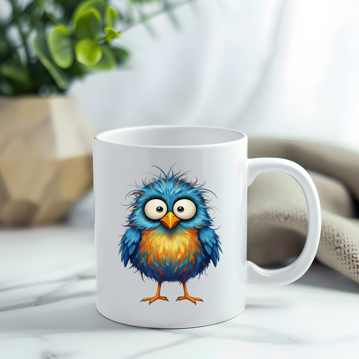 Chaotic Fuzzy Blue Bird UV DTF sticker applied to a white coffee mug