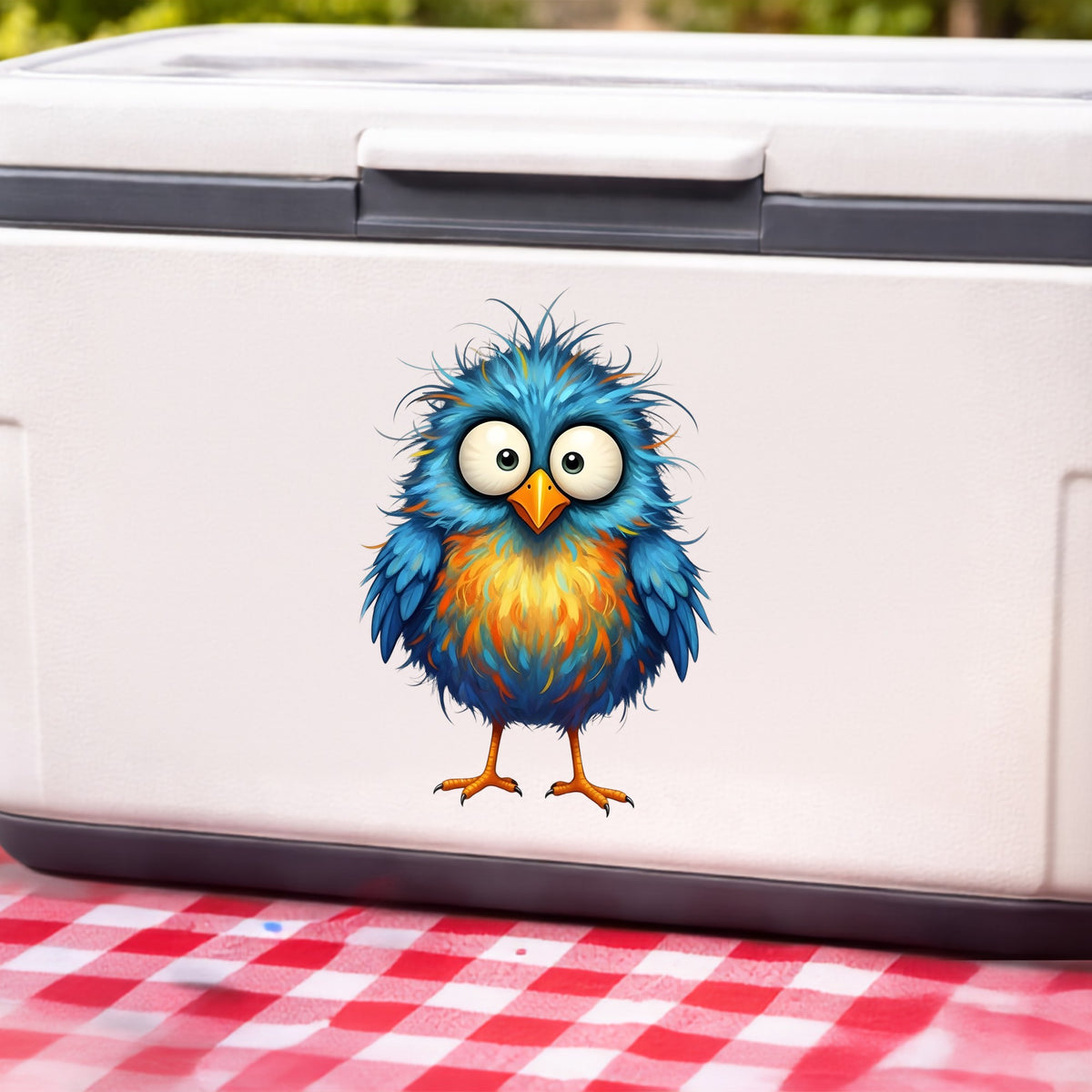 Chaotic Fuzzy Blue Bird UV DTF sticker applied to a white cooler on a red gingham cloth