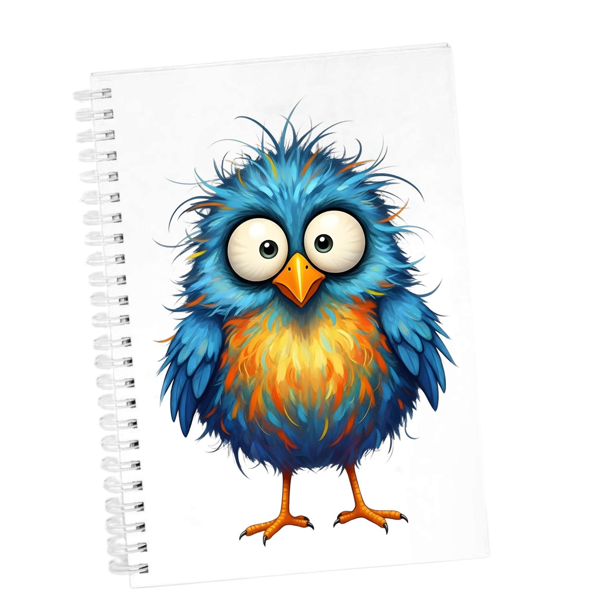 Chaotic Fuzzy Blue Bird UV DTF sticker applied to the cover of a white spiral journal