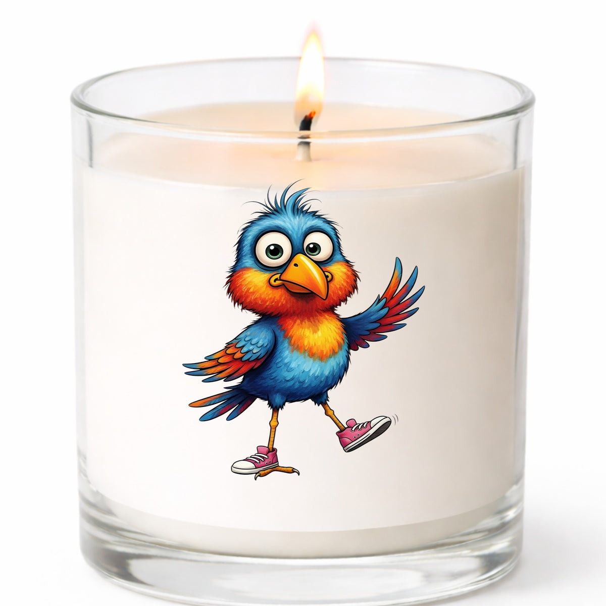 Bird In Pink Sneakers UV DTF sticker applied to a white candle in a clear glass jar