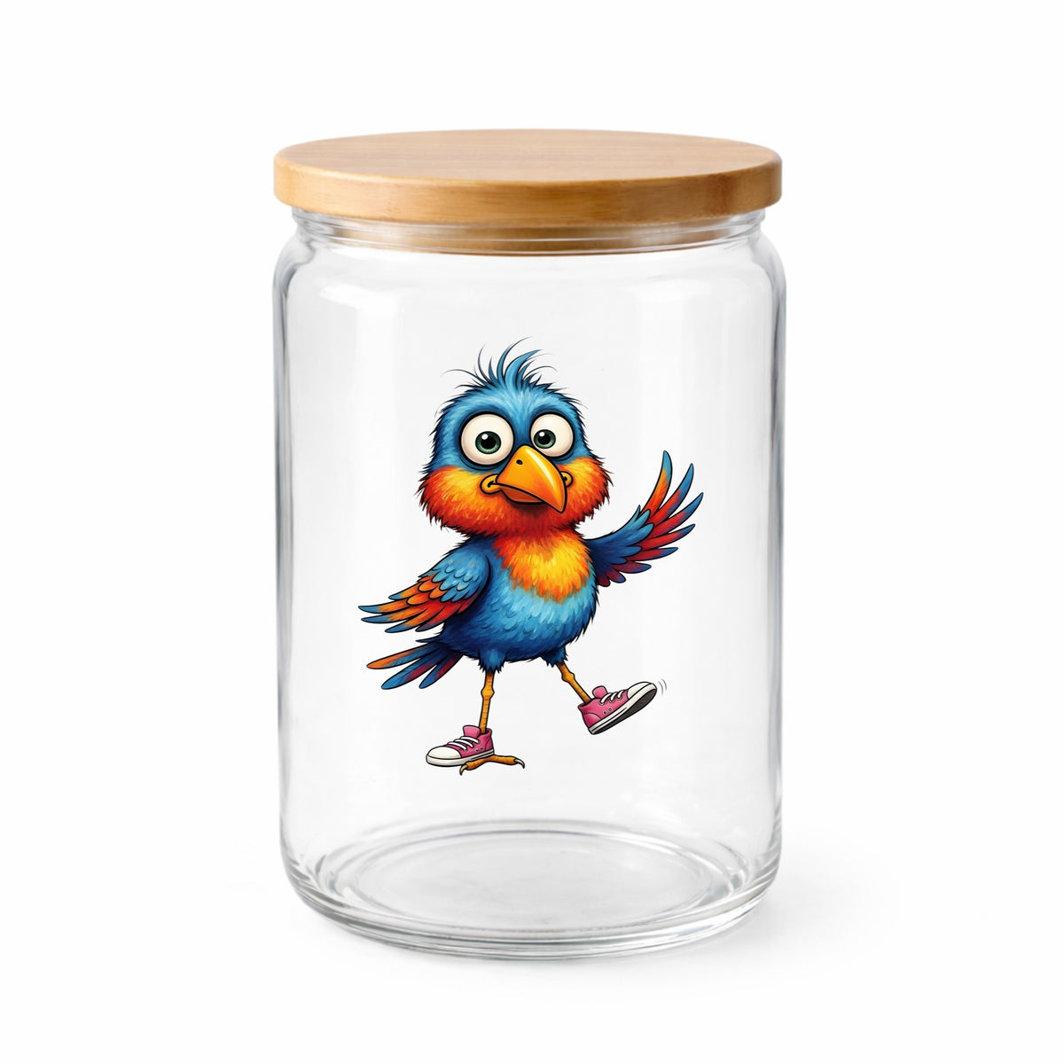 Bird In Pink Sneakers UV DTF sticker applied to a clear glass jar with a wooden lid