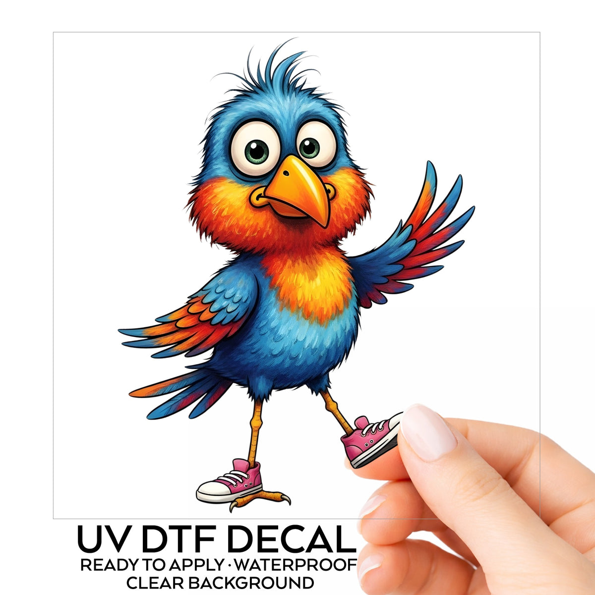 Bird In Pink Sneakers UV DTF sticker on its backing card, held in hand