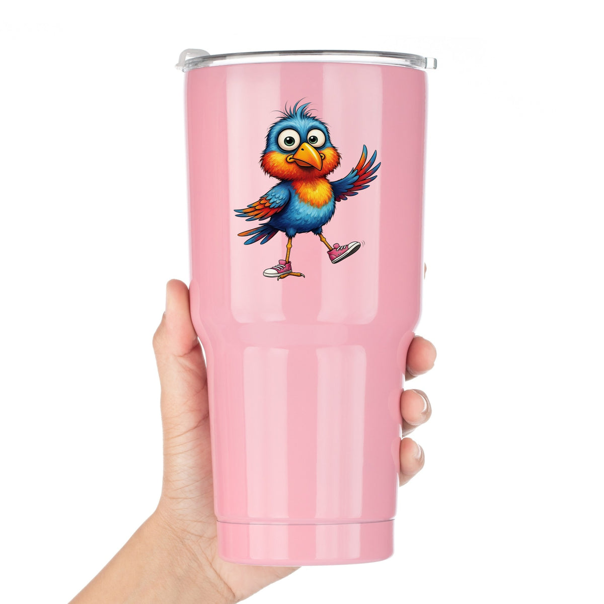 Bird In Pink Sneakers UV DTF sticker applied to a pink tumbler held against a white background