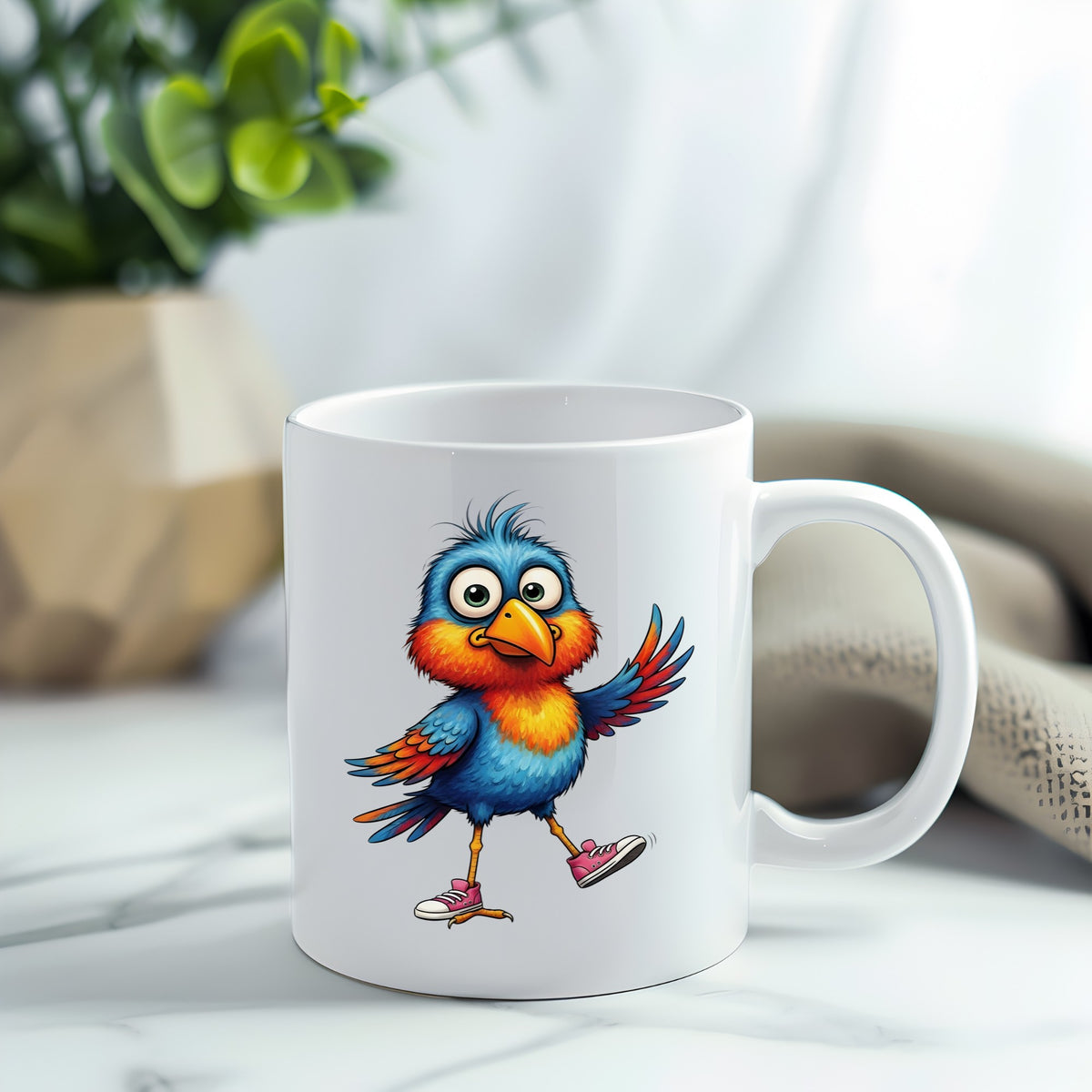 Bird In Pink Sneakers UV DTF sticker applied to a white coffee mug