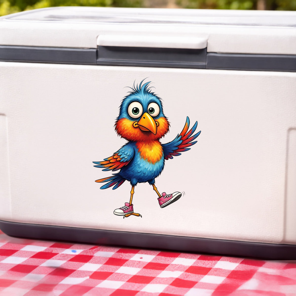 Bird In Pink Sneakers UV DTF sticker applied to a white cooler on a red gingham cloth