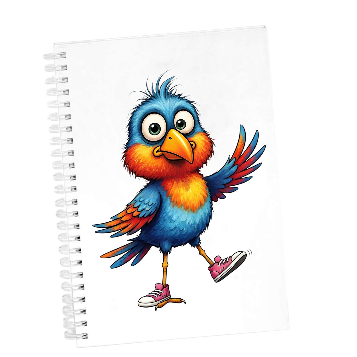 Bird In Pink Sneakers UV DTF sticker applied to the cover of a white spiral journal