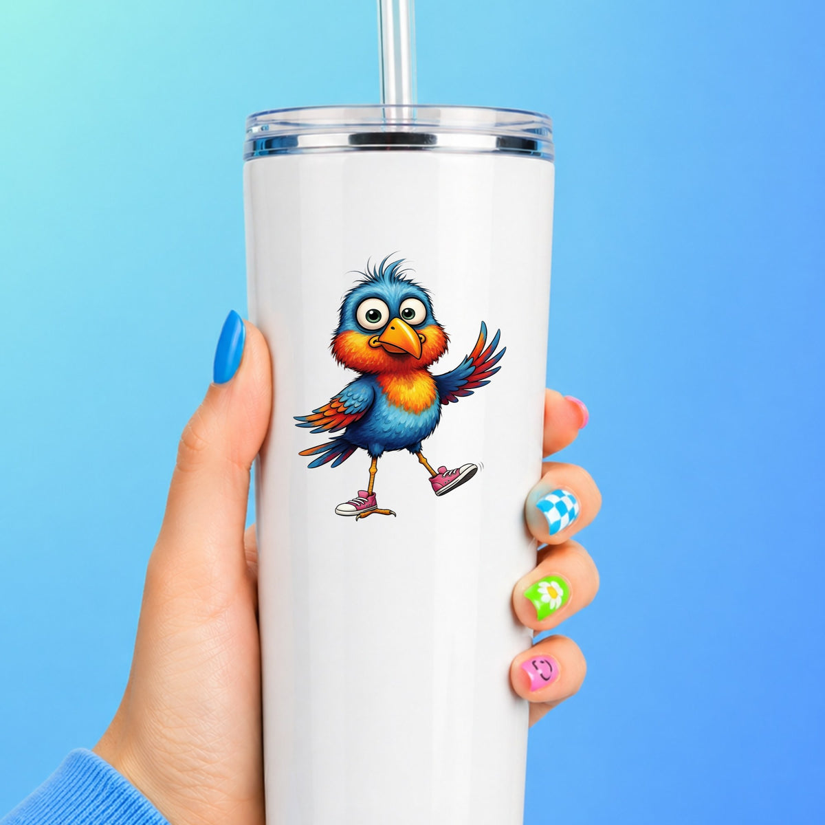 Bird In Pink Sneakers UV DTF sticker applied to a white straw tumbler on a blue background
