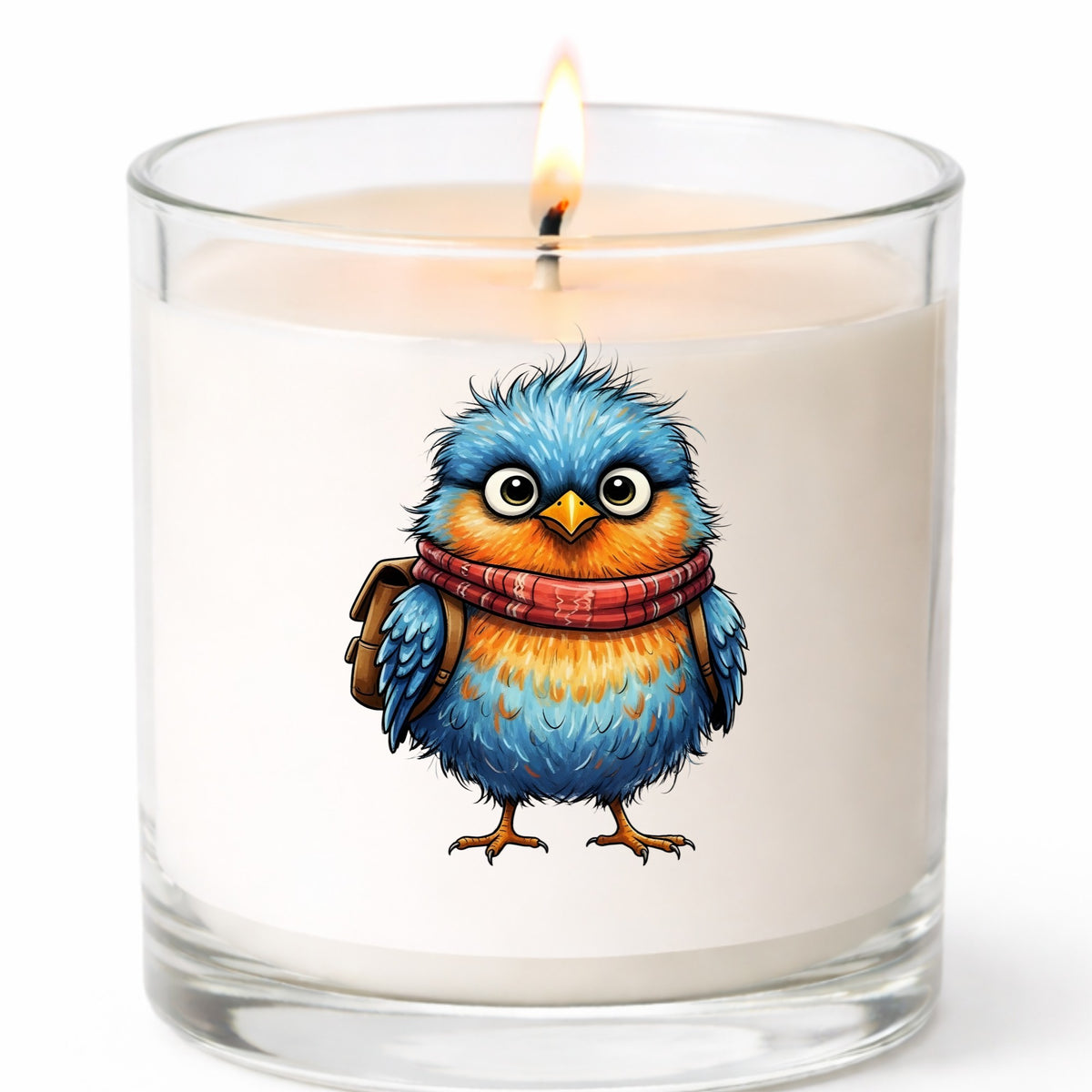 Bird With Red Scarf And Backpack UV DTF sticker applied to a white candle in a clear glass jar