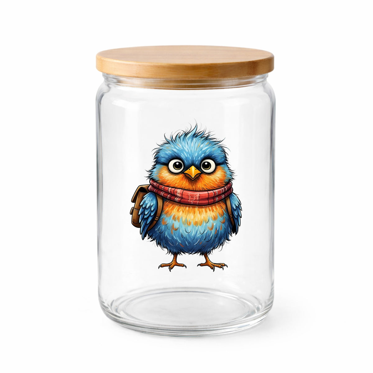 Bird With Red Scarf And Backpack UV DTF sticker applied to a clear glass jar with a wooden lid
