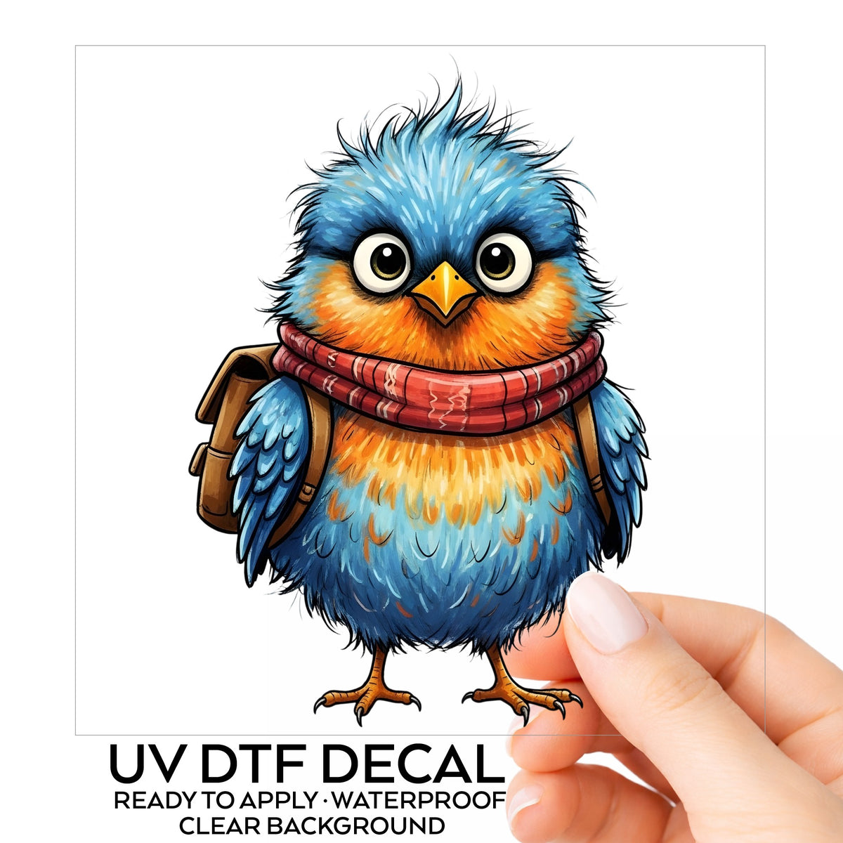 Bird With Red Scarf And Backpack UV DTF sticker on its backing card, held in hand