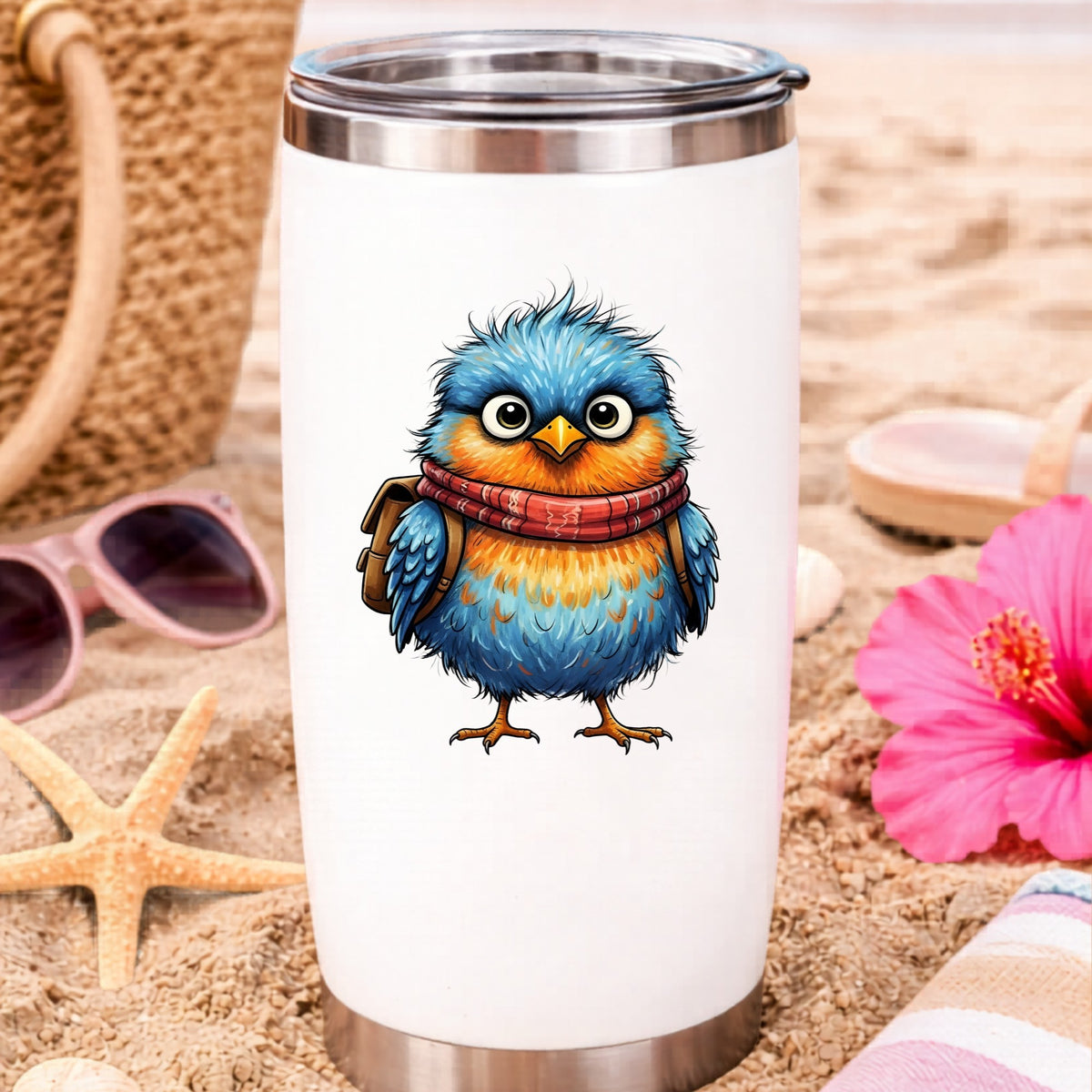 Bird With Red Scarf And Backpack UV DTF sticker applied to a white travel tumbler on beach sand