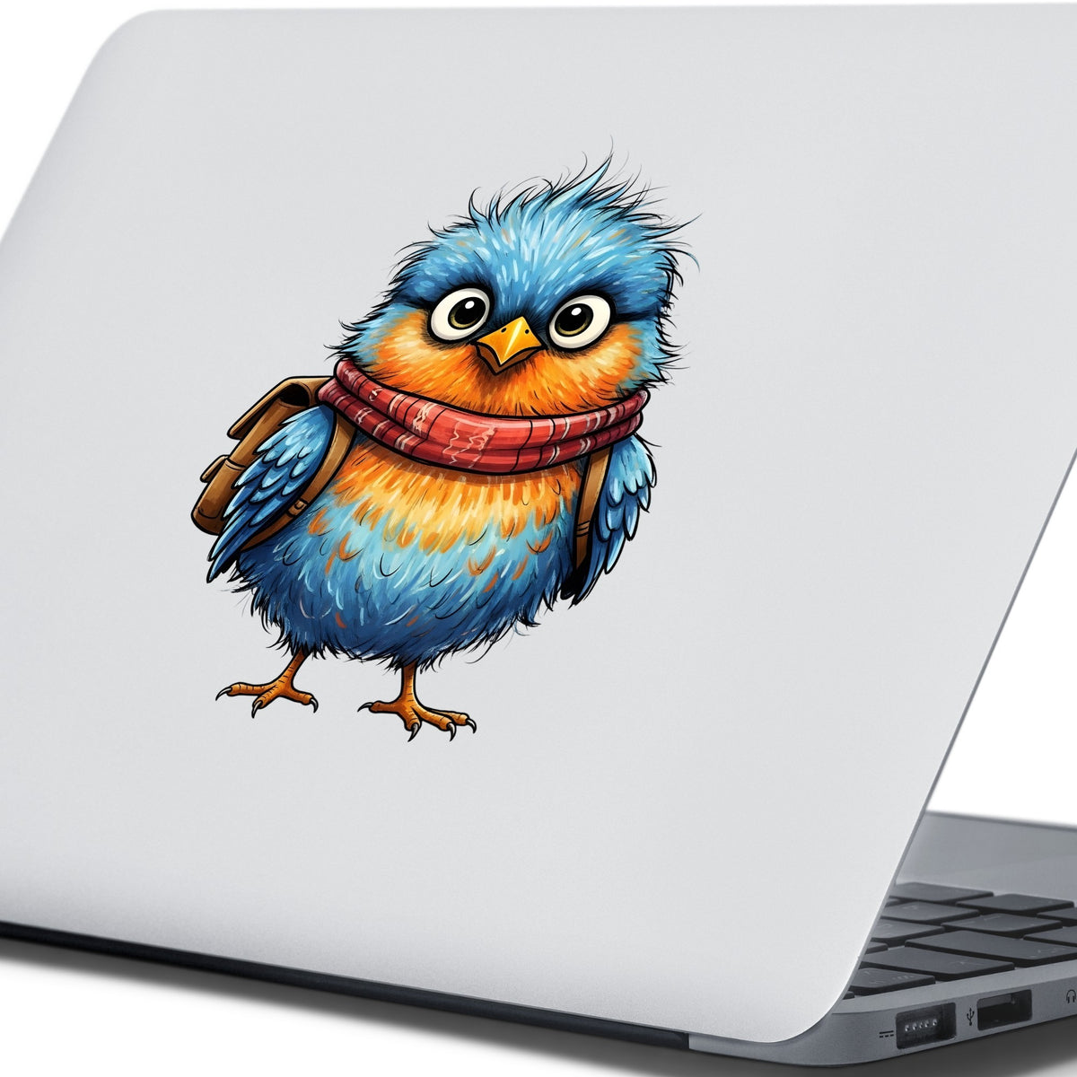 Bird With Red Scarf And Backpack UV DTF sticker applied to the lid of a silver laptop