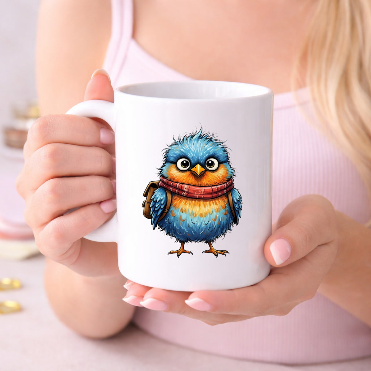 Bird With Red Scarf And Backpack UV DTF sticker applied to a white coffee mug held in both hands
