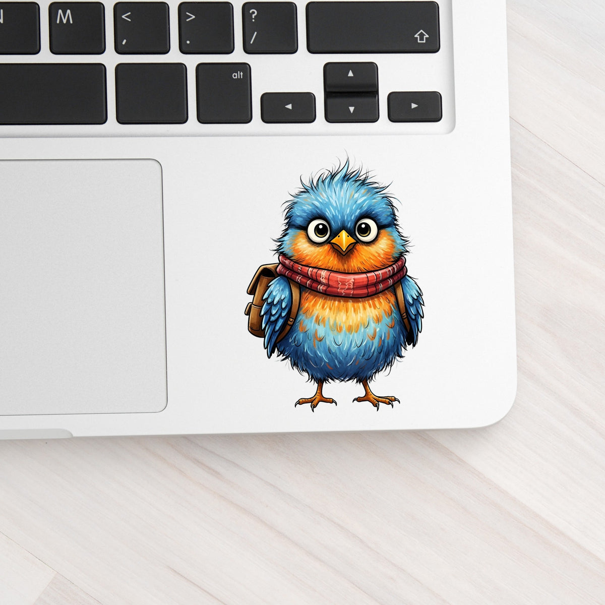 Bird With Red Scarf And Backpack UV DTF sticker applied to a silver laptop beside the keyboard