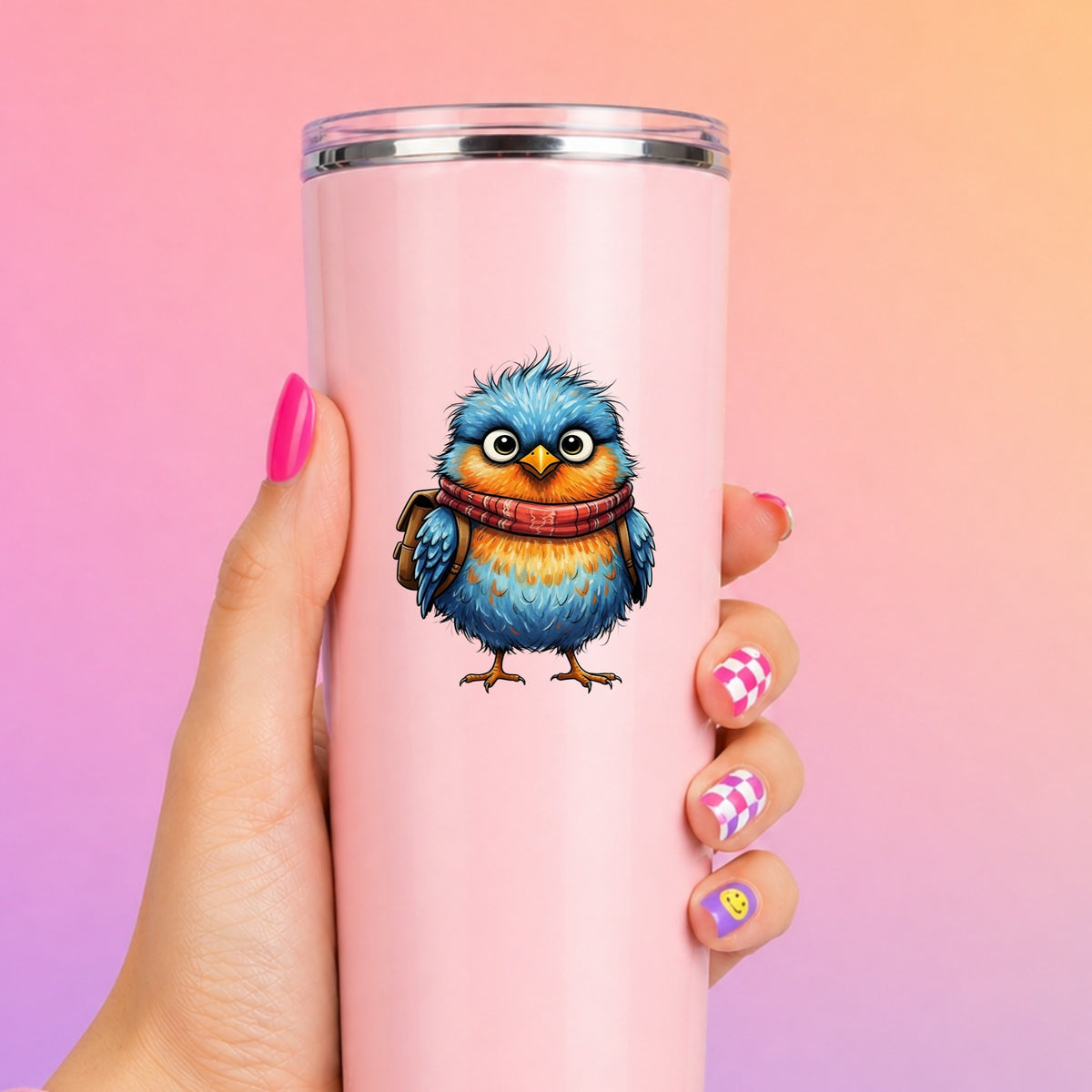 Bird With Red Scarf And Backpack UV DTF sticker applied to a tall pink tumbler on a pink and orange background