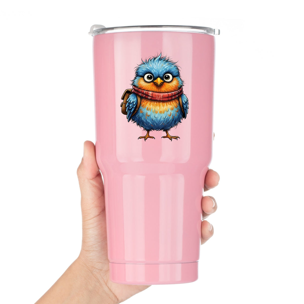 Bird With Red Scarf And Backpack UV DTF sticker applied to a pink tumbler held against a white background