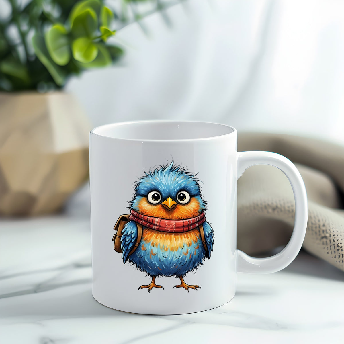 Bird With Red Scarf And Backpack UV DTF sticker applied to a white coffee mug