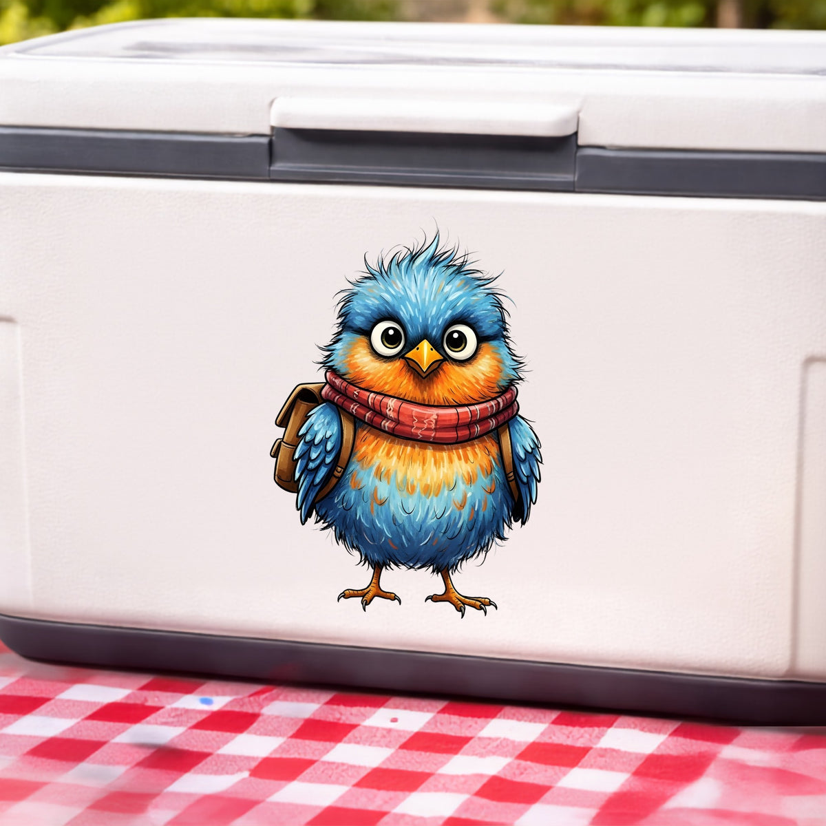 Bird With Red Scarf And Backpack UV DTF sticker applied to a white cooler on a red gingham cloth