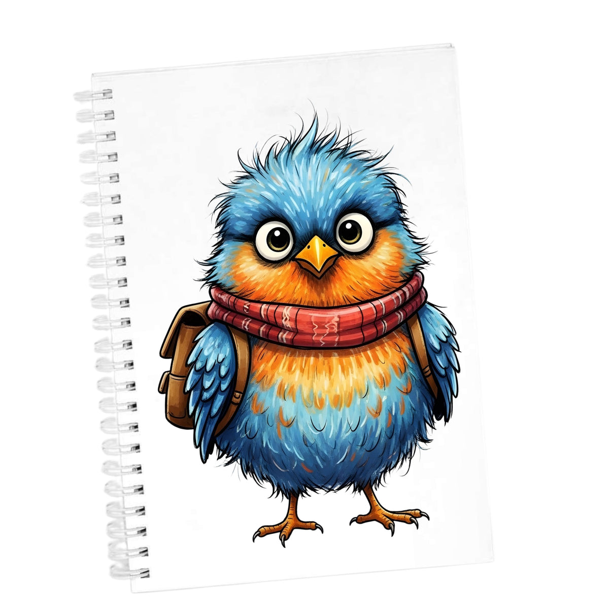 Bird With Red Scarf And Backpack UV DTF sticker applied to the cover of a white spiral journal