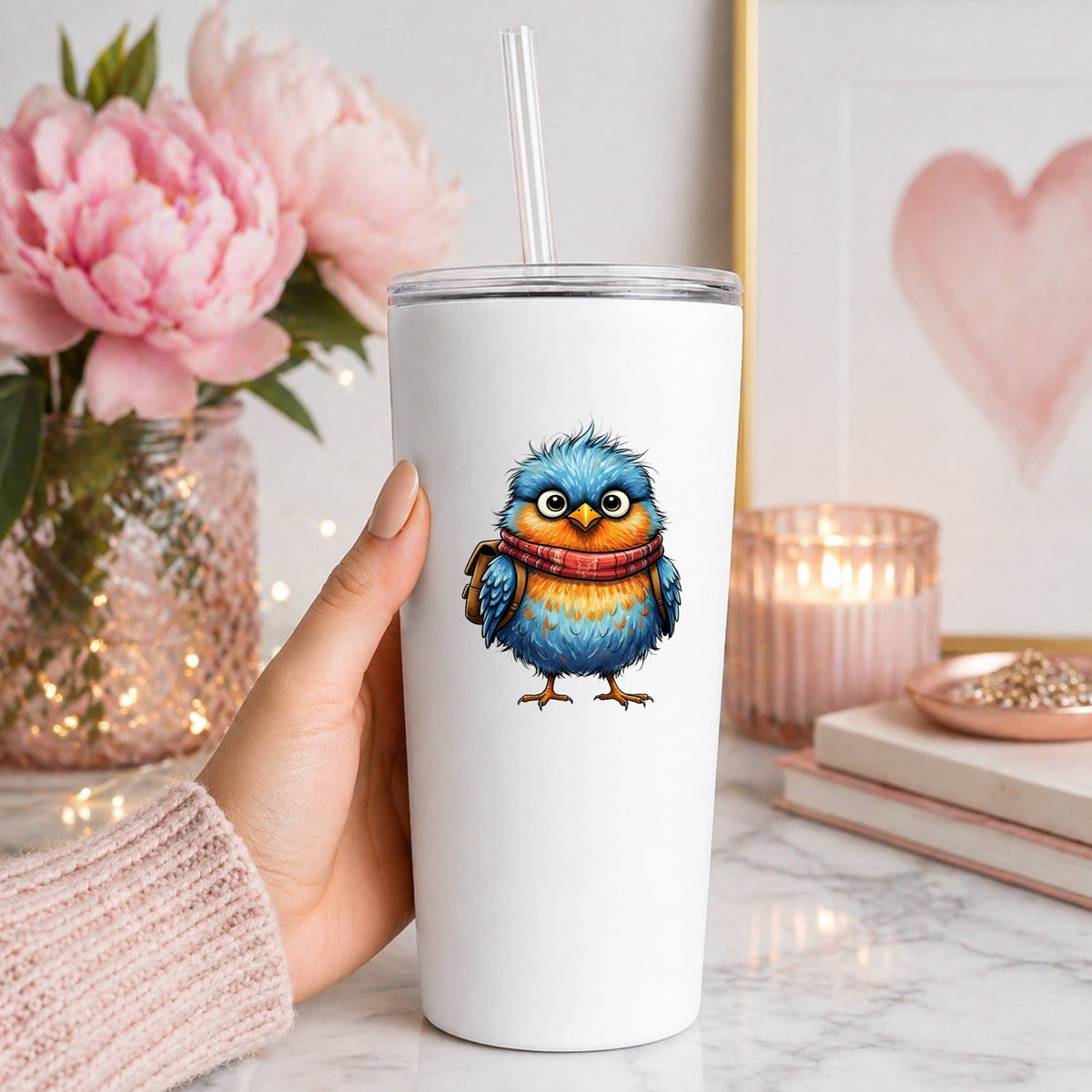 Bird With Red Scarf And Backpack UV DTF sticker applied to a white straw tumbler beside pink peonies