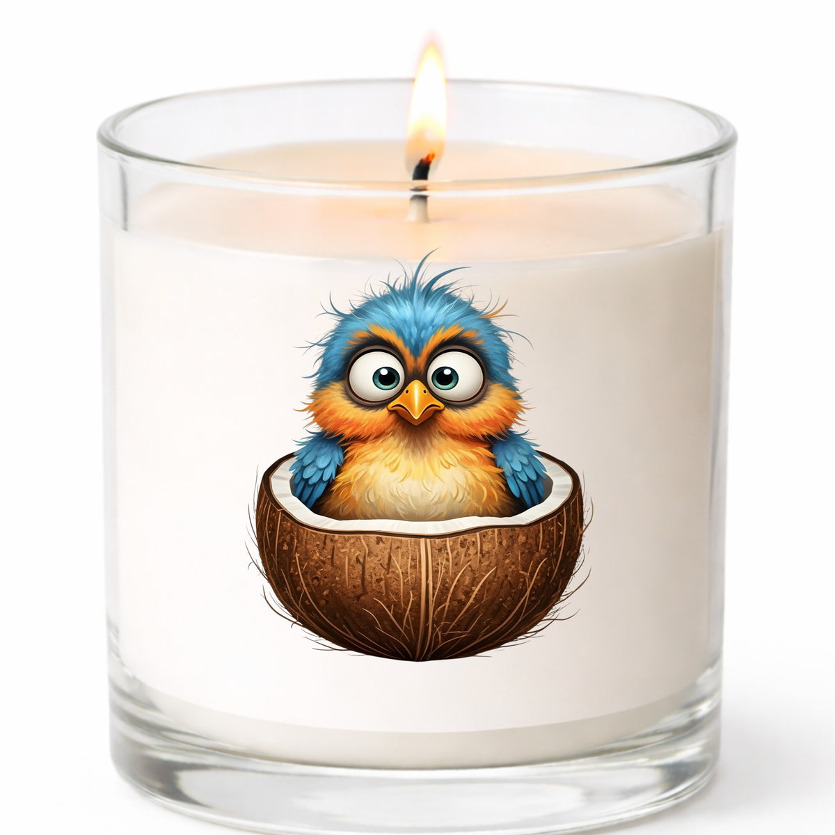 Baby Bird In Coconut Shell UV DTF sticker applied to a white candle in a clear glass jar