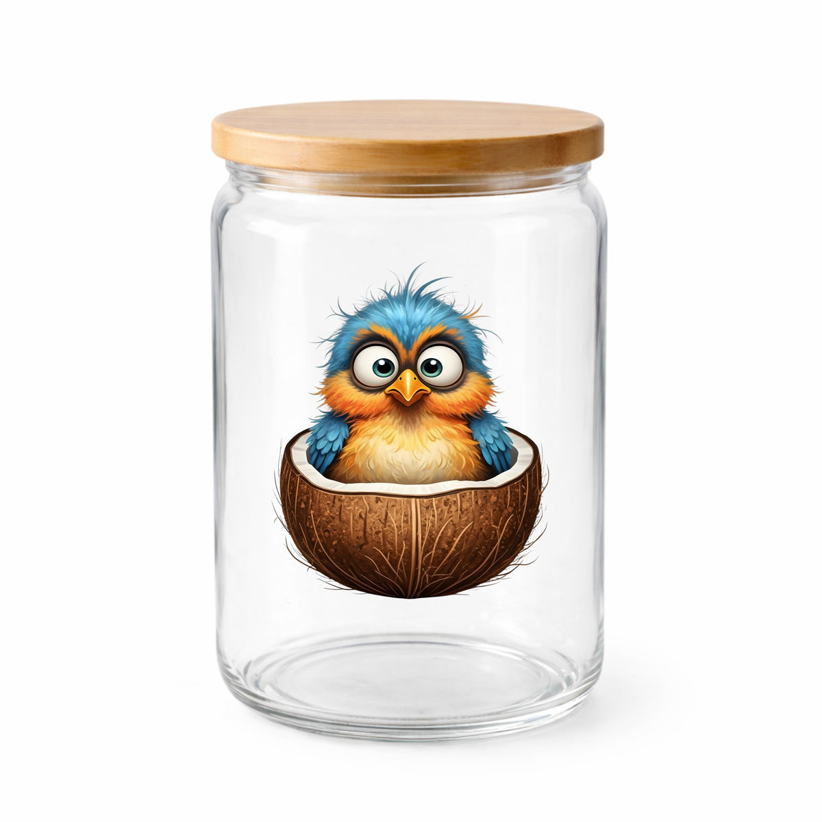 Baby Bird In Coconut Shell UV DTF sticker applied to a clear glass jar with a wooden lid