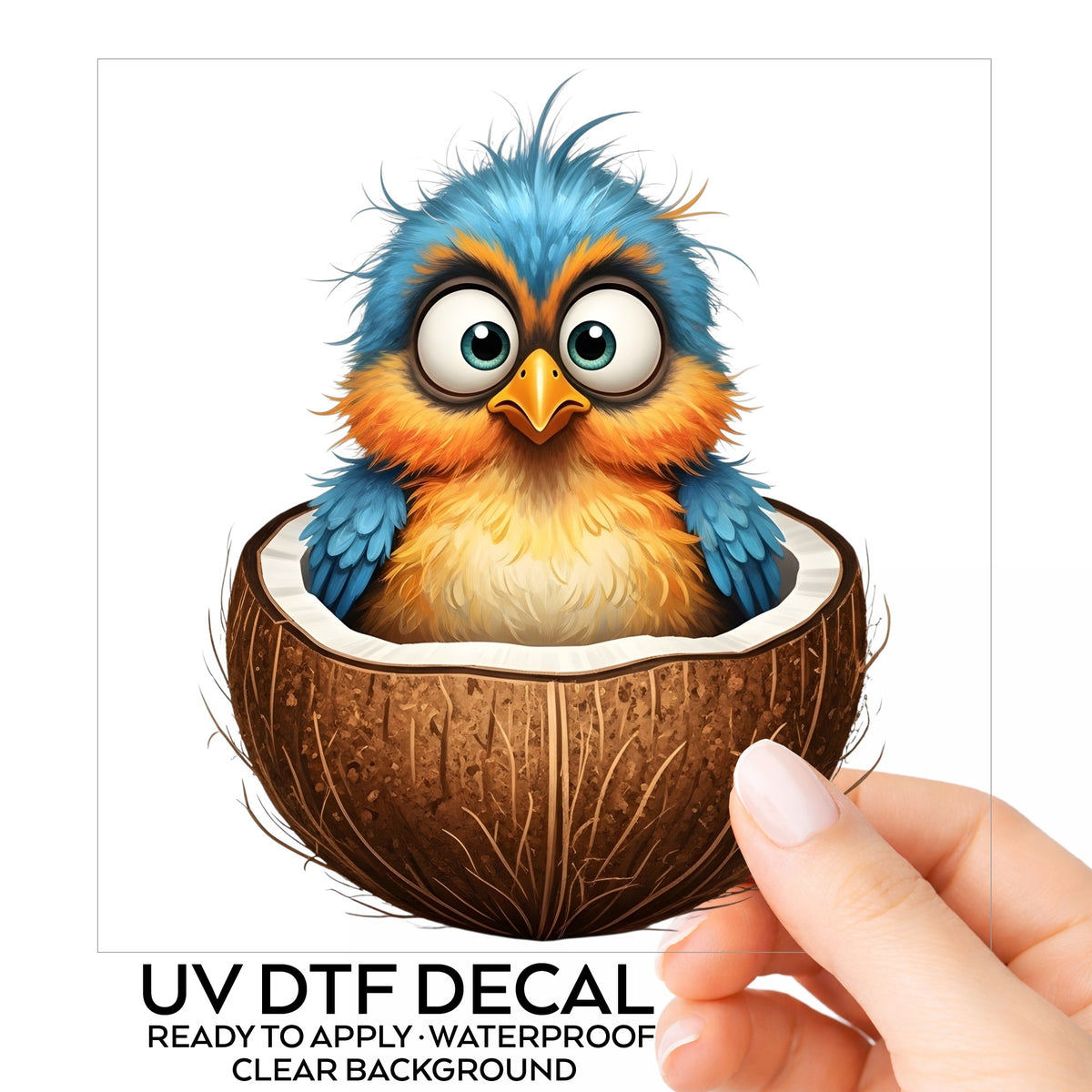 Baby Bird In Coconut Shell UV DTF sticker on its backing card, held in hand