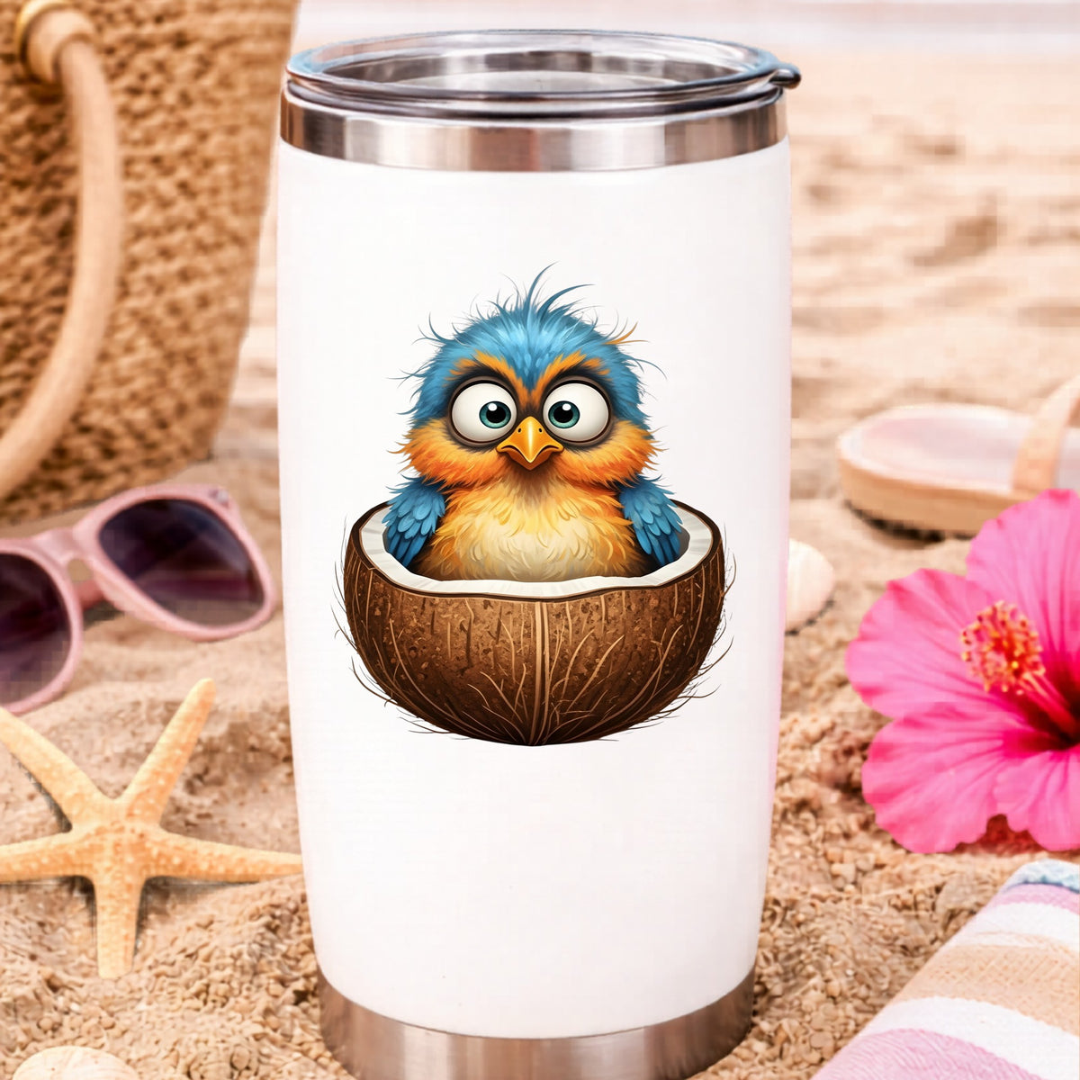 Baby Bird In Coconut Shell UV DTF sticker applied to a white travel tumbler on beach sand