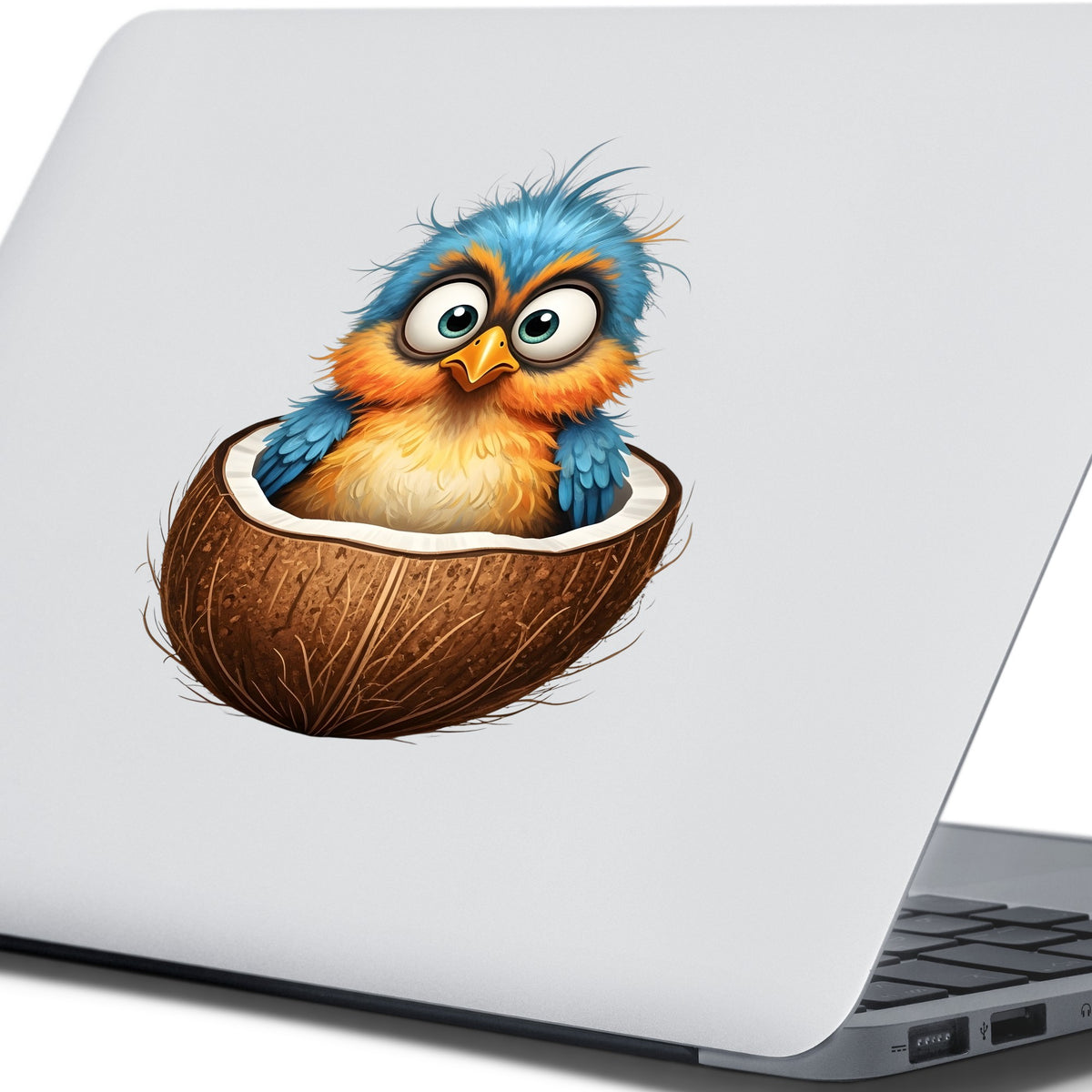 Baby Bird In Coconut Shell UV DTF sticker applied to the lid of a silver laptop