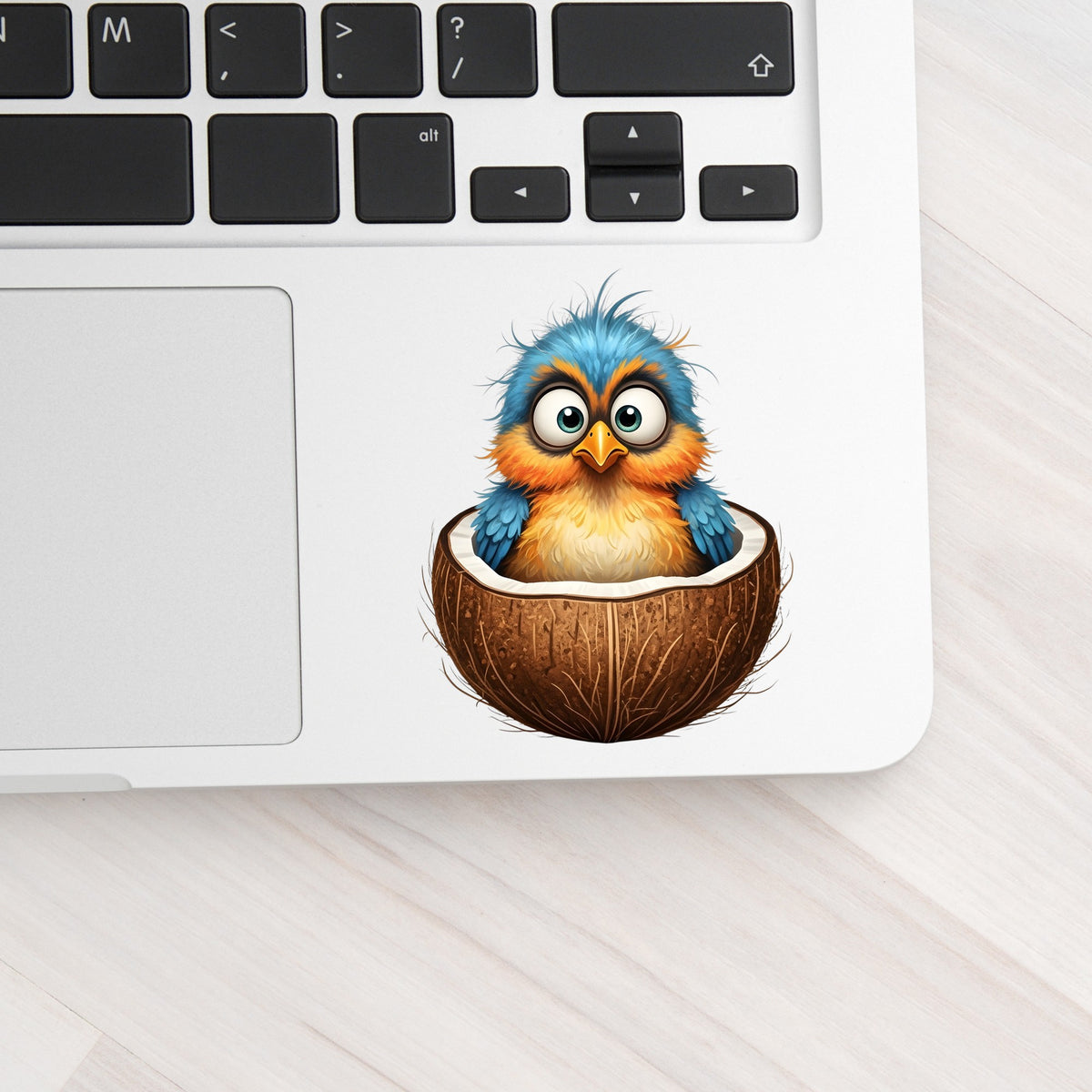 Baby Bird In Coconut Shell UV DTF sticker applied to a silver laptop beside the keyboard