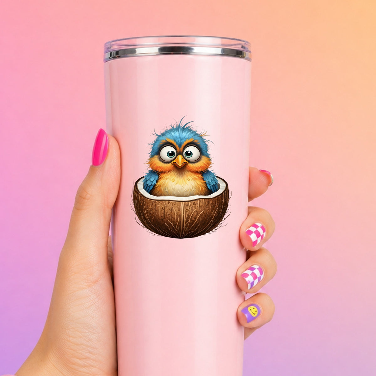 Baby Bird In Coconut Shell UV DTF sticker applied to a tall pink tumbler on a pink and orange background