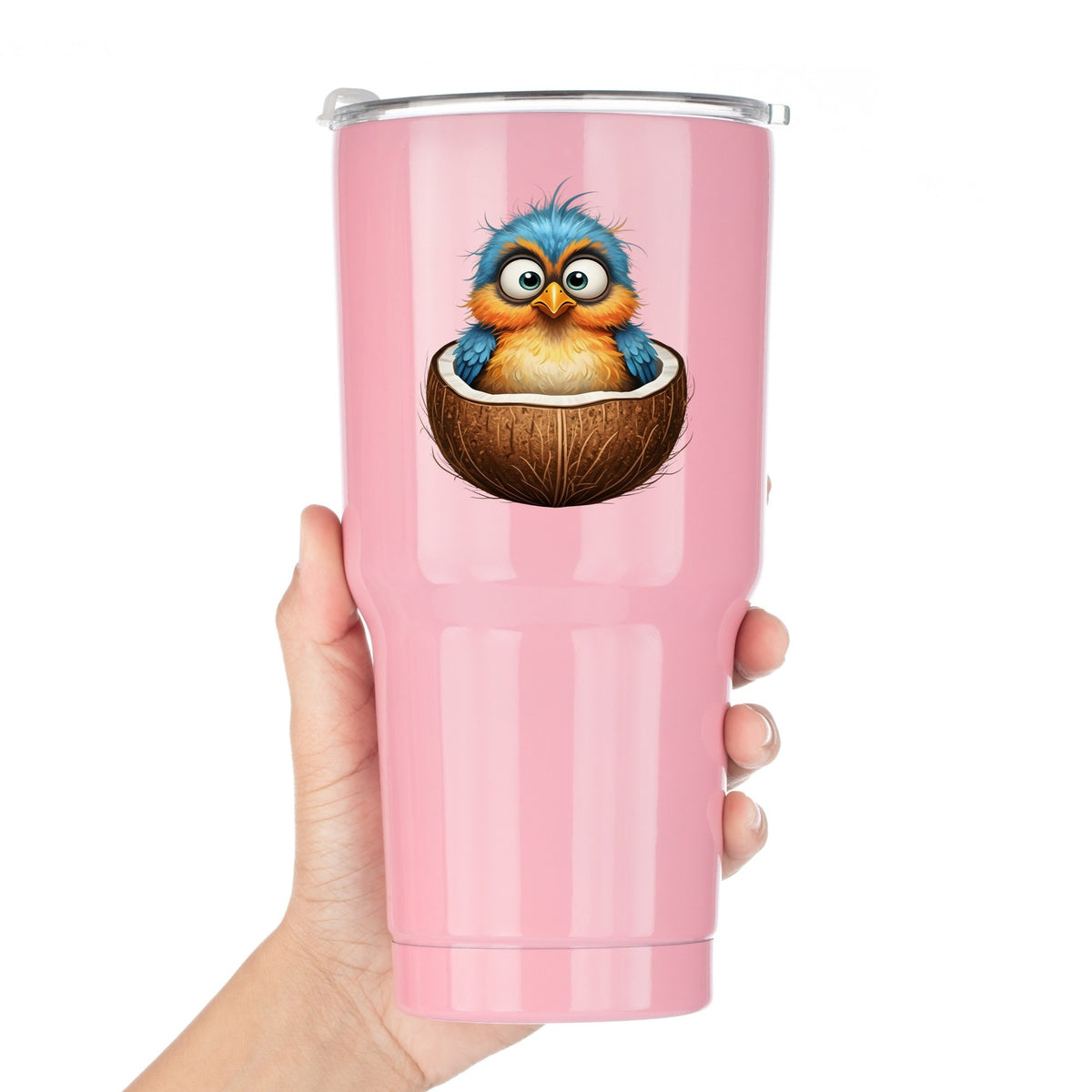 Baby Bird In Coconut Shell UV DTF sticker applied to a pink tumbler held against a white background