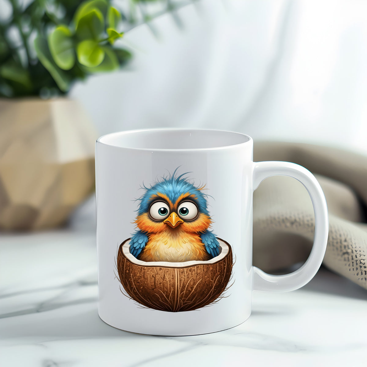 Baby Bird In Coconut Shell UV DTF sticker applied to a white coffee mug