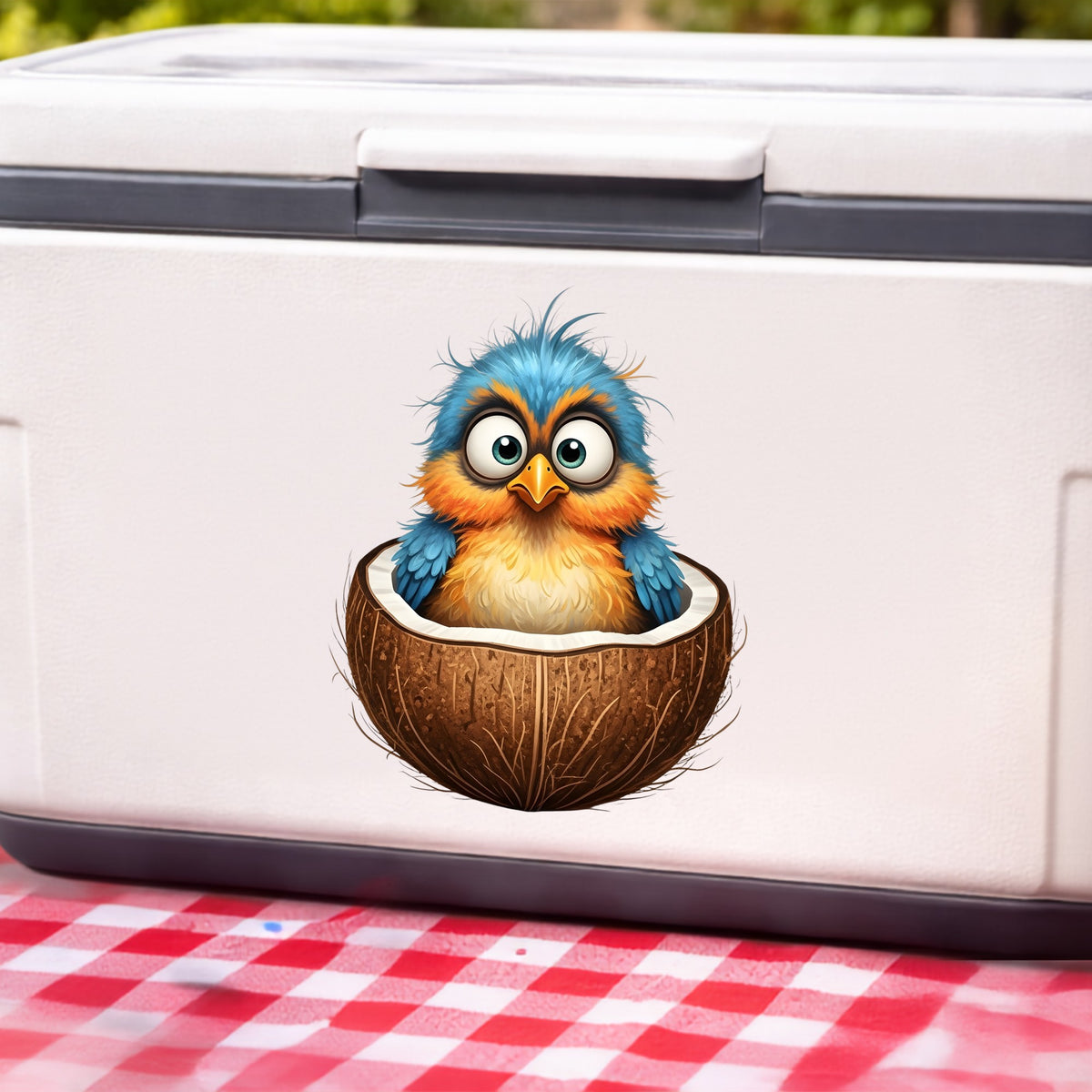 Baby Bird In Coconut Shell UV DTF sticker applied to a white cooler on a red gingham cloth