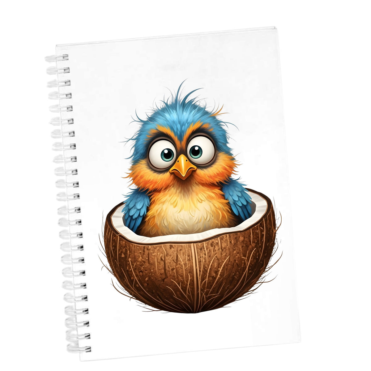 Baby Bird In Coconut Shell UV DTF sticker applied to the cover of a white spiral journal