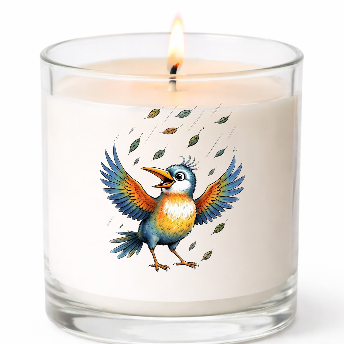 Happy Bird Wings Spread Falling Leaves UV DTF sticker applied to a white candle in a clear glass jar