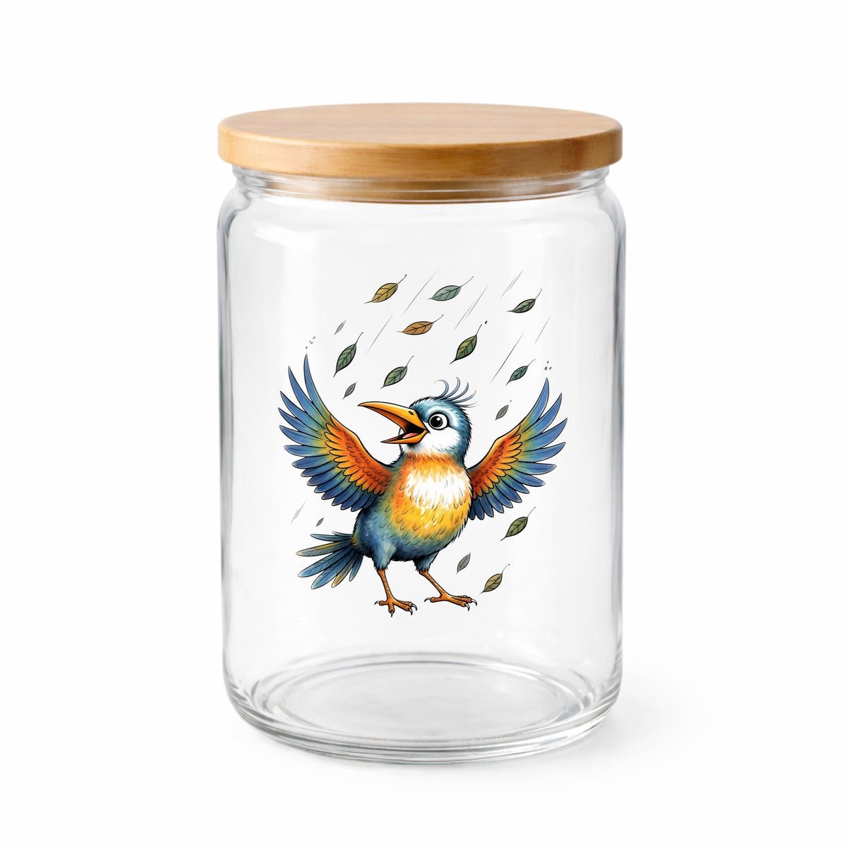Happy Bird Wings Spread Falling Leaves UV DTF sticker applied to a clear glass jar with a wooden lid