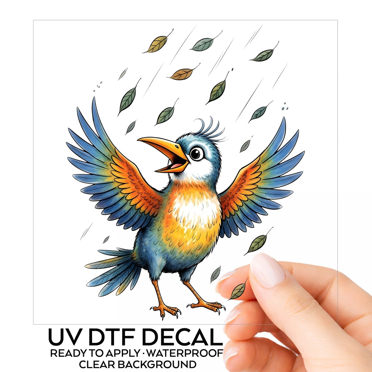 Happy Bird Wings Spread Falling Leaves UV DTF sticker on its backing card, held in hand