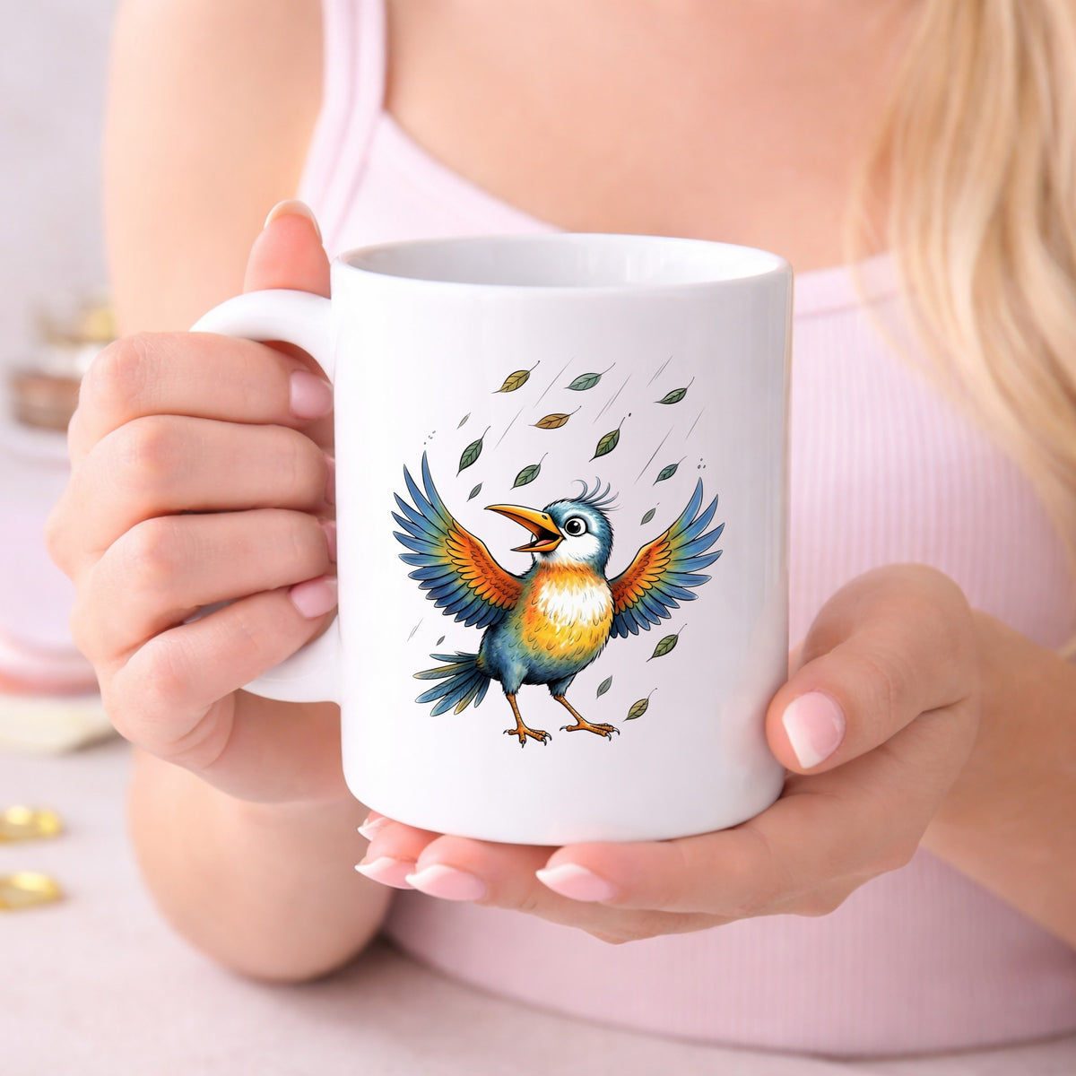 Happy Bird Wings Spread Falling Leaves UV DTF sticker applied to a white coffee mug held in both hands