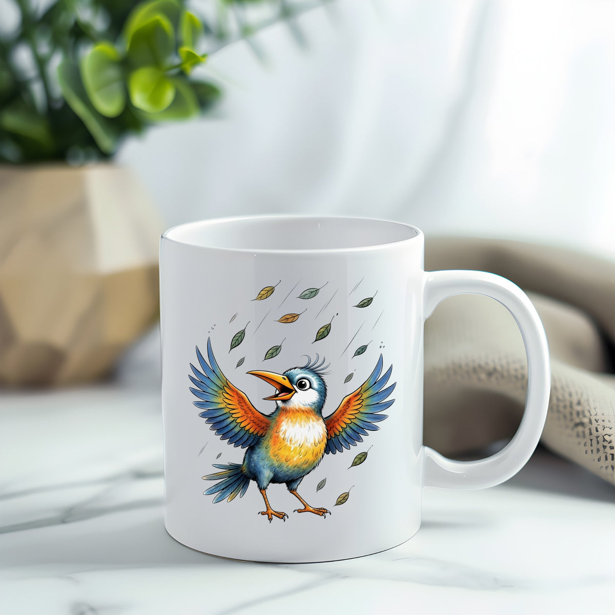Happy Bird Wings Spread Falling Leaves UV DTF sticker applied to a white coffee mug