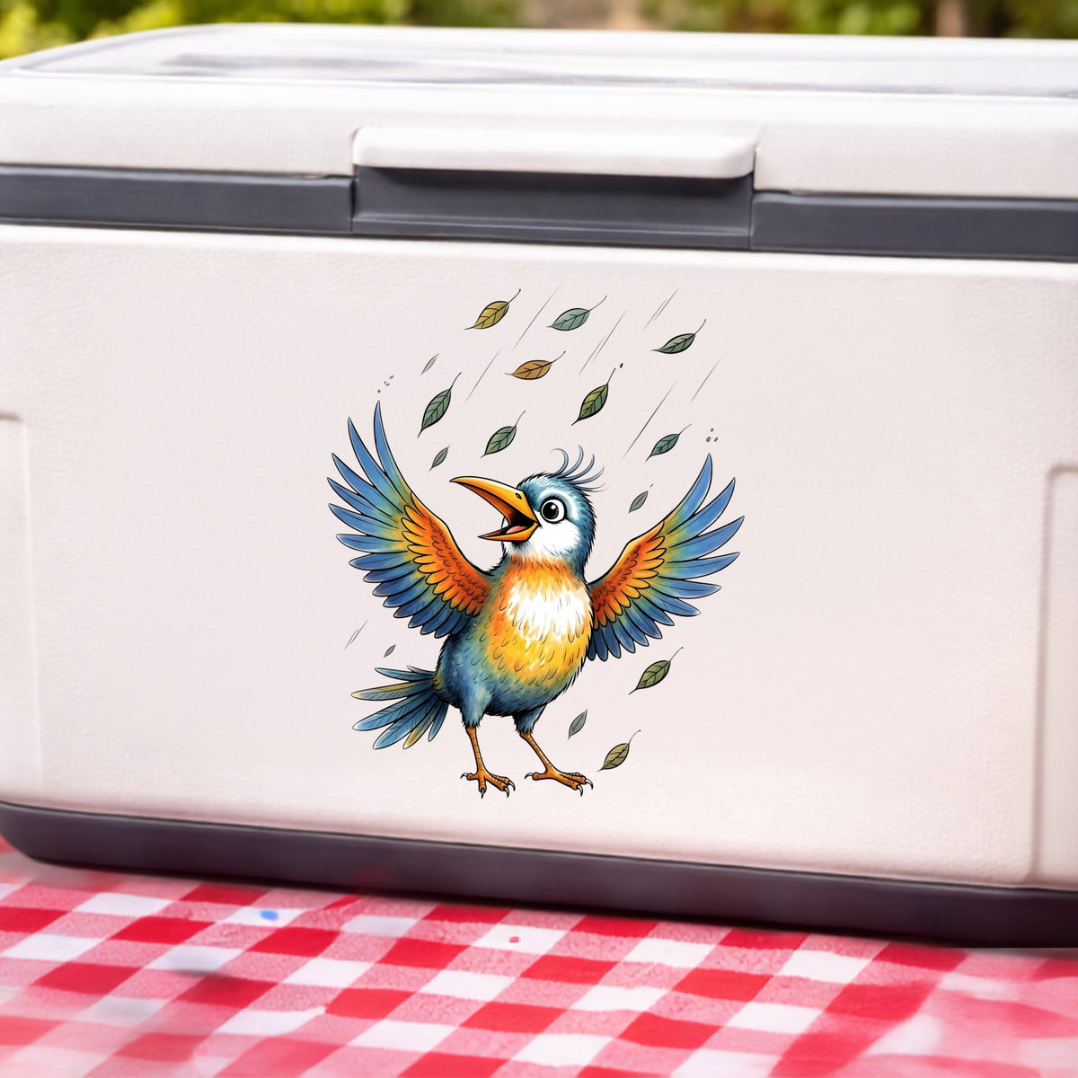 Happy Bird Wings Spread Falling Leaves UV DTF sticker applied to a white cooler on a red gingham cloth