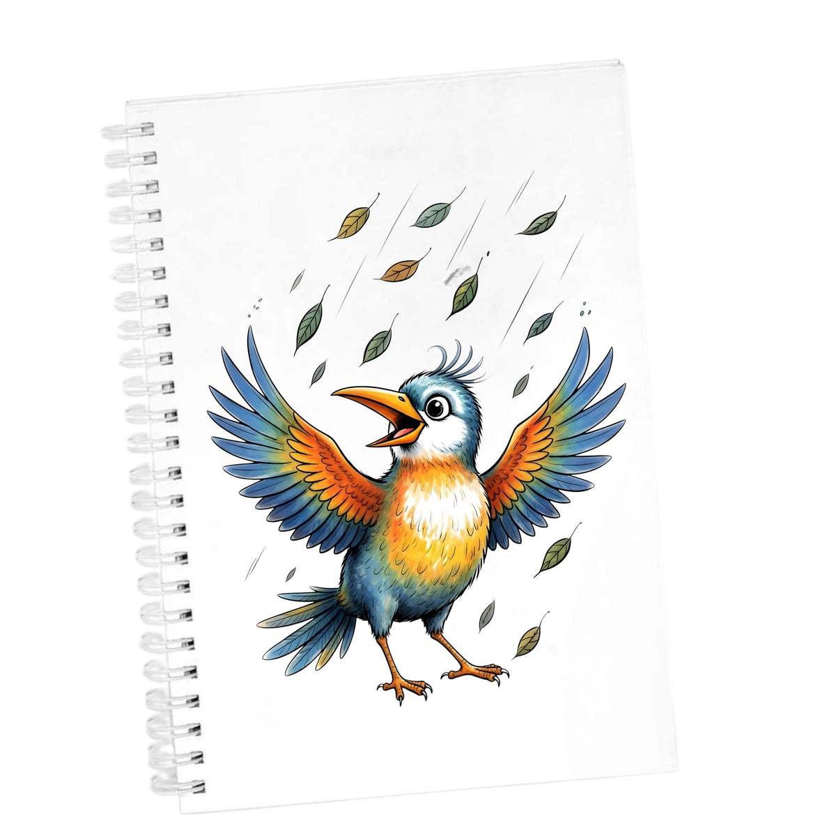 Happy Bird Wings Spread Falling Leaves UV DTF sticker applied to the cover of a white spiral journal