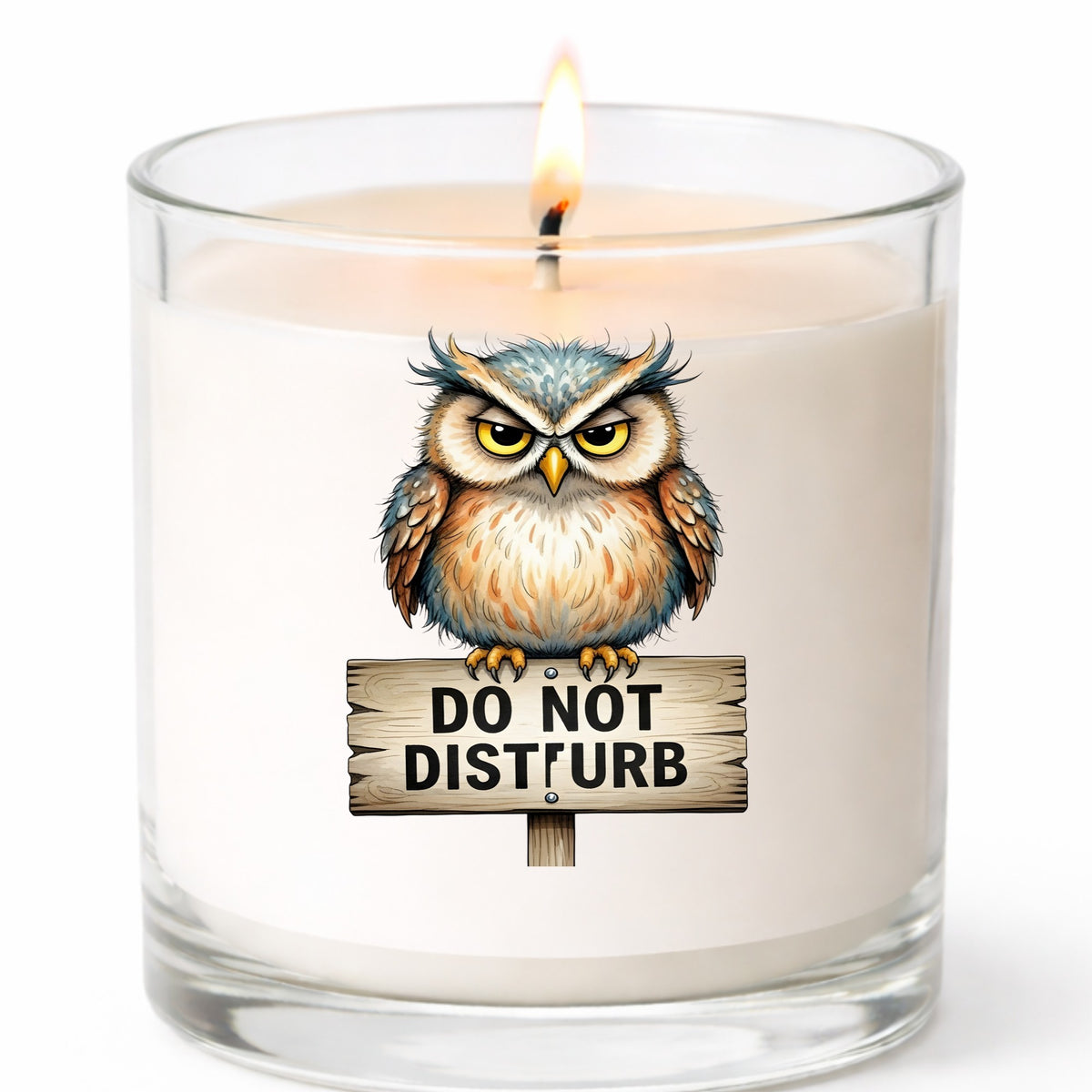 Grumpy Owl Do Not Disturb Sign UV DTF sticker applied to a white candle in a clear glass jar