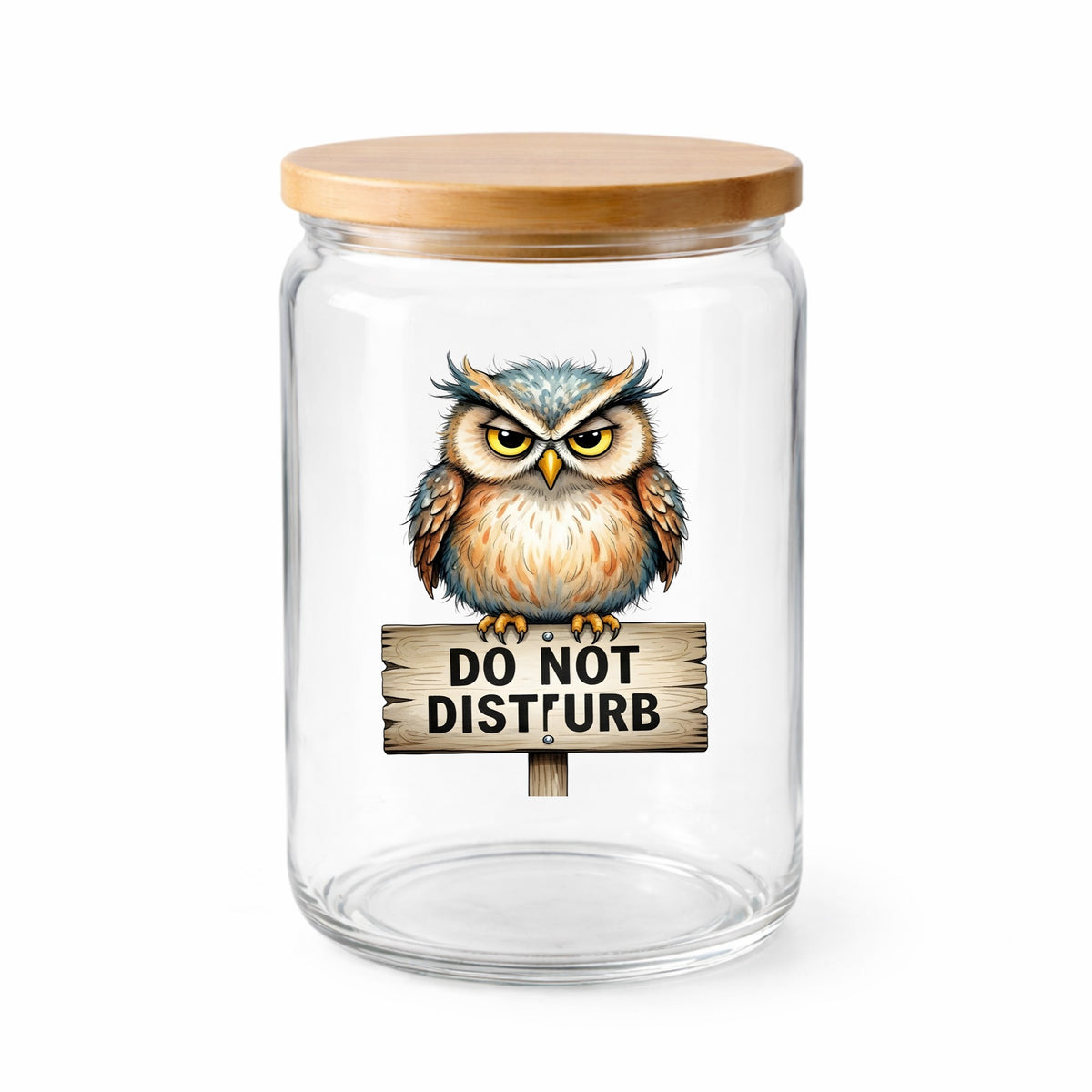 Grumpy Owl Do Not Disturb Sign UV DTF sticker applied to a clear glass jar with a wooden lid