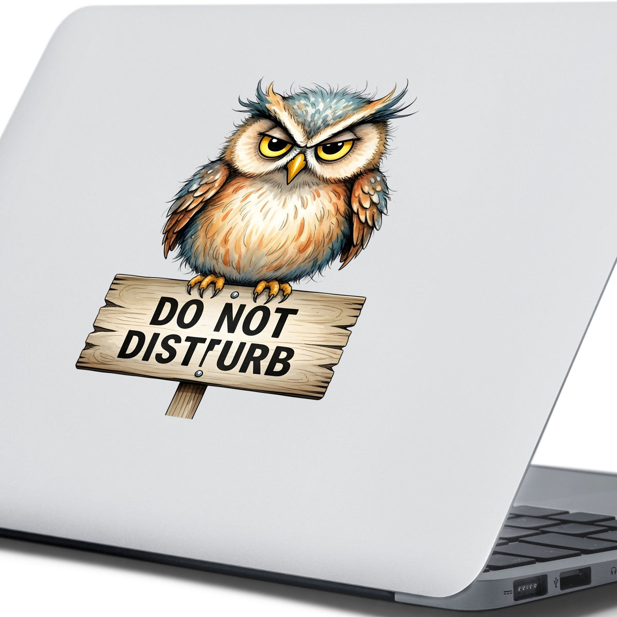 Grumpy Owl Do Not Disturb Sign UV DTF sticker applied to the lid of a silver laptop