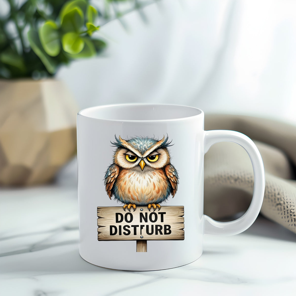 Grumpy Owl Do Not Disturb Sign UV DTF sticker applied to a white coffee mug