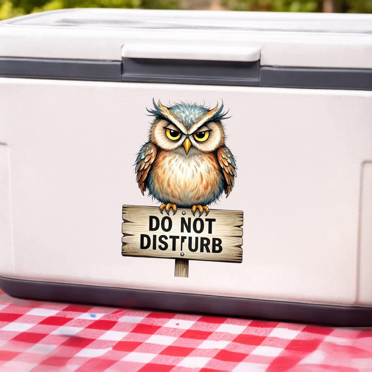 Grumpy Owl Do Not Disturb Sign UV DTF sticker applied to a white cooler on a red gingham cloth