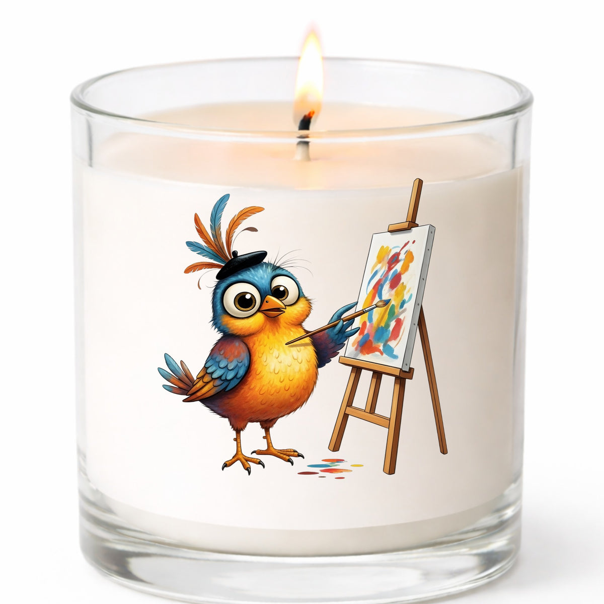 Artist Bird Painting Easel Beret UV DTF sticker applied to a white candle in a clear glass jar