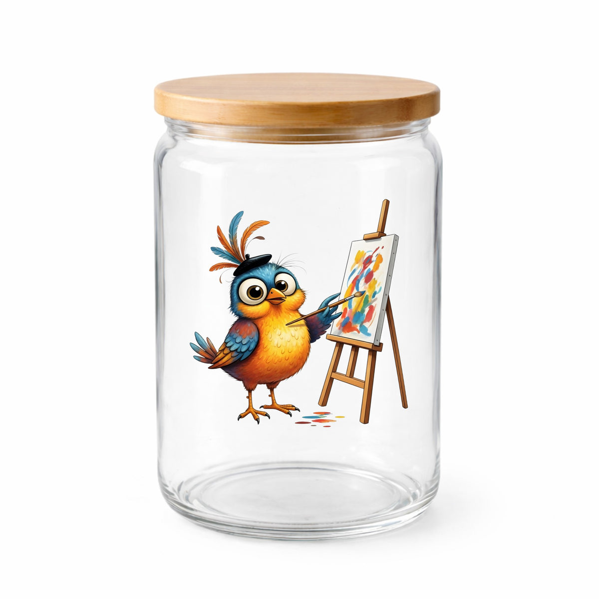 Artist Bird Painting Easel Beret UV DTF sticker applied to a clear glass jar with a wooden lid