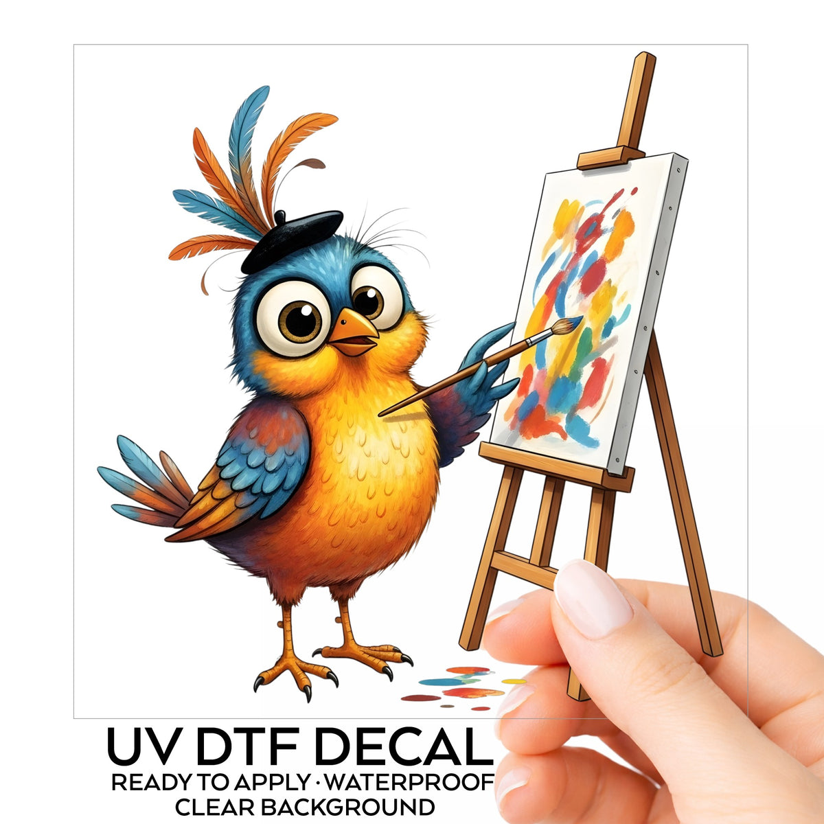 Artist Bird Painting Easel Beret UV DTF sticker on its backing card, held in hand